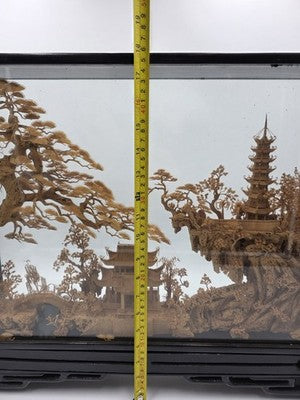 Large Scale Antique Chinese Carved Cork Diorama in Ebonised Glass Display Case