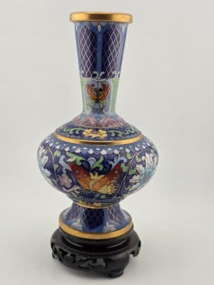 Rare Vintage Chinese Cloisonne Enamel Butterfly Floral Vase w Wood Stand Blue
