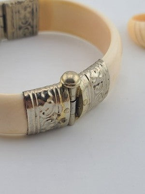 Rare Antique Set Of Bone Bracelet & Ring Intricate Hand Tooled Sterling Silver