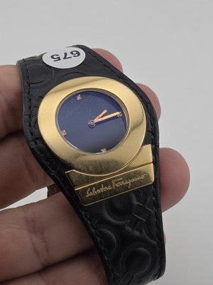 Salvatore Ferragamo Swiss Made Gold Plated Leather Watch Diamond Markers. Works.