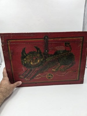 Rare XL Antique 19th C Distressed Tibetan Style Foo Dog Lion Storage Chest Box.