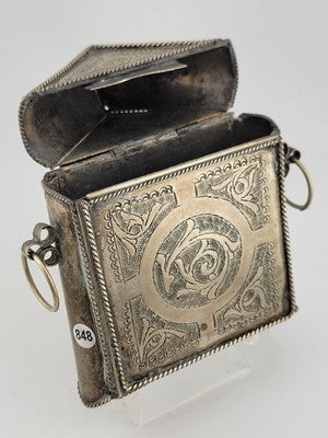 Rare Antique Engraved Quran Holder Box Ornate Koran Silver Case w Chain Handle.