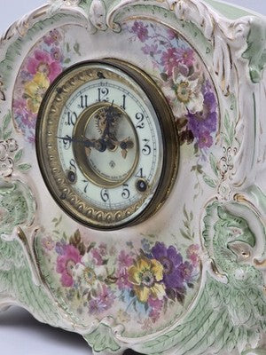 Antique 19thC Royal Bonn Germany La Corsica Ansonia Porcelain Mantel Clock Works