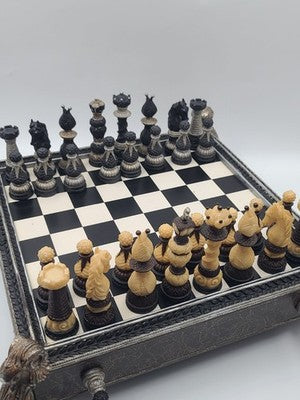 Rare Vintage Large Renaissance Style Resin Chess Set w Drawer Medieval Board 16”