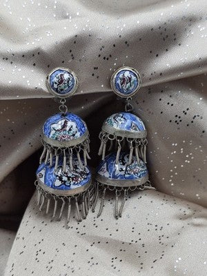 Rare Antique Hand Painted Filigree Silver Lantern Chandelier Dangling Earrings.