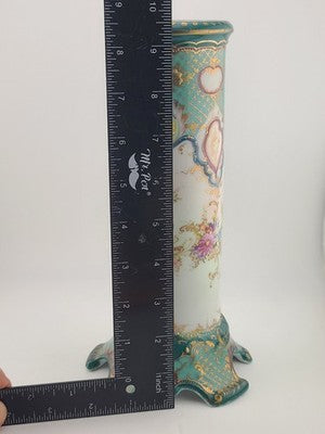 Antique 1920's OCO Japan Vase Turquoise Gold Floral Pedestal Spill Cabinet 9.5"