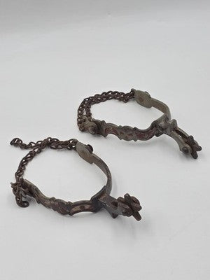 Antique Western Cowboy Spurs Pair Hand Engraved Red Inlay Steel w/ Chains