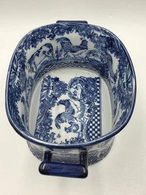 Pair XL Blue White Transferware Cachepot Jardiniere Planters Farm Animal Decor