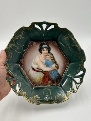 Rare Pair Of Antique 19th C Prussian Portrait Plate Green & gold Hand Painted