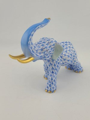 Herend Blue Fishnet Charging Elephant Figurine VHB Artist Signed Vecsey Tamas