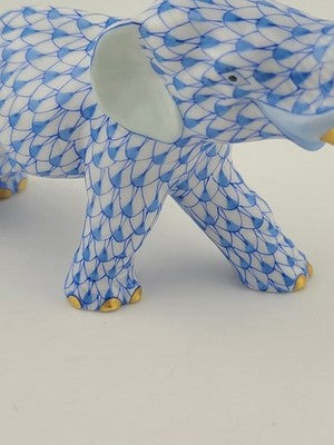 Herend Blue Fishnet Charging Elephant Figurine VHB Artist Signed Vecsey Tamas