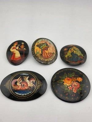 Rare Set Of 5 Vintage Hand Painted Brooch Pins Black Lacquer Russian Folk Art