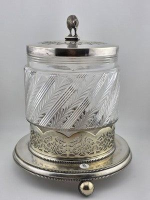 Rare 1880s Antique Hukin & Heath Biscuit Jar Cut glass & Silverplate W Kiwi Bird