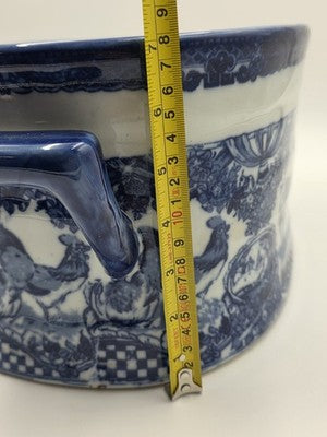 Pair XL Blue White Transferware Cachepot Jardiniere Planters Farm Animal Decor