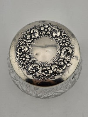 Antique Watson Sterling Silver Floral Lid Cut Crystal Vanity Jar C1900 Fine 925