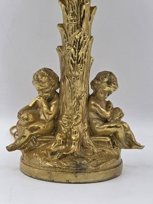 Antique Large Solid Brass Cherub Putti Table Lamp Hollywood Regency Gold. Works