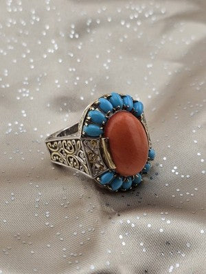 Rare 925 Sterling Silver Coral Turquoise Filigree Statement Ring Artisan Size 9