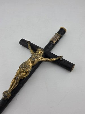 Rare Antique 19th C Crucifix Metal Jesus On Wood Cross W Rare Tips Memento.