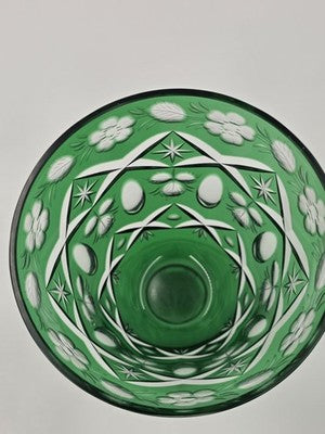 Set Of 4 Vintage Bohemian Czech Emerald Green Cut Crystal Wine Goblets. 7.75".