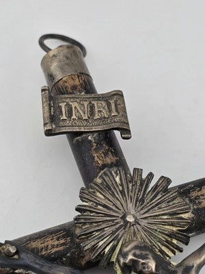 Antique 19th C Crucifix Metal Jesus On Wood Cross W Rare Tips Memento Mori Skull
