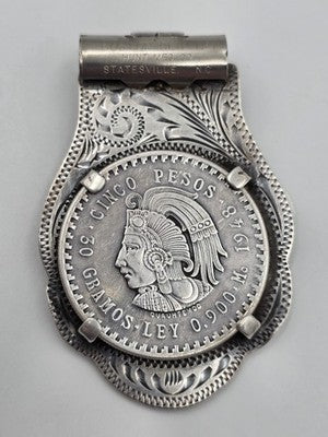 Rare OOAK Sterling Silver Money Clip w 1948 Mexico 5 Pesos Cuauhtemoc Coin 59.4g