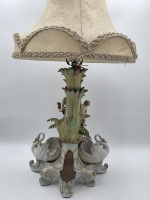 Rare Antique German Dresden Porcelain Figural Lamp Lady Cherub Swans 29"