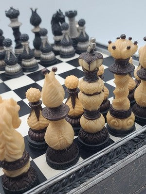 Rare Vintage Large Renaissance Style Resin Chess Set w Drawer Medieval Board 16”
