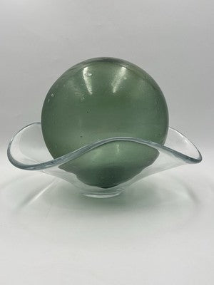 Rare Large Hand Blown Art Glass Orb Sphere w/ Freeform Murano Style Bowl Stand
