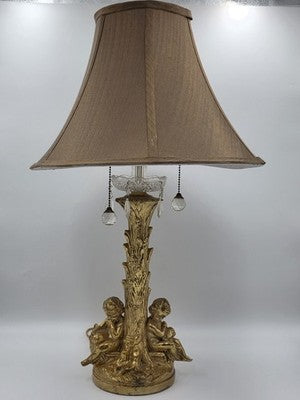 Antique Large Solid Brass Cherub Putti Table Lamp Hollywood Regency Gold. Works