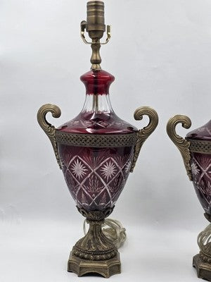 Pair Bohemian Ruby Red Crystal Lamp, Cut-to-Clear Czech Glass, Hollywood Regency