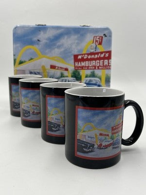 McDonalds Tin With Set Of 4 Coffee Mugs Cups 15 Cent Hamburger Retro MCM