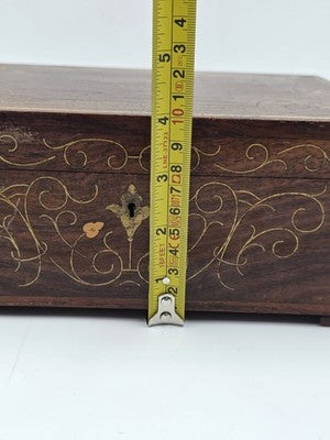 RARE ANTIQUE 19th C COLONIAL ROSEWOOD & FULL BRASS INLAY JEWELRY BOX.