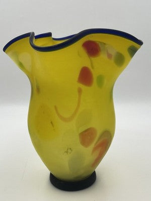 Azerbaijan Glassware Hand Blown Frosted Art Glass Vase Multicolor Wavy Rim Decor