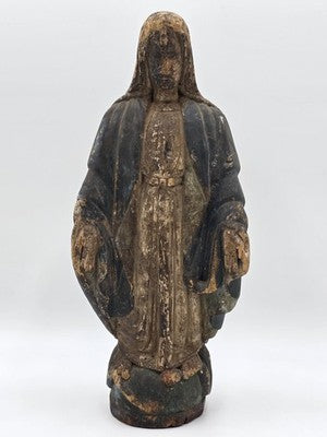 Antique 18th C Spanish Colonial Hand-Carved Virgin Mary Statue Polychrome Wood