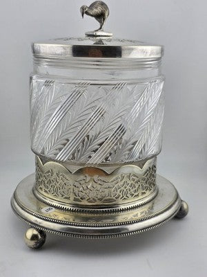 Rare 1880s Antique Hukin & Heath Biscuit Jar Cut glass & Silverplate W Kiwi Bird