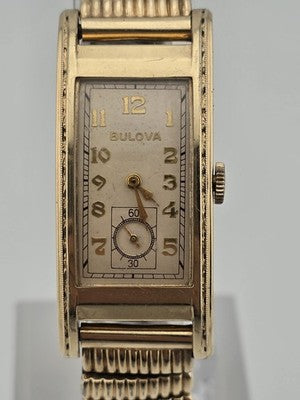Antique 1940's Bulova 10K GF Curved Tank Art Deco Manual Wind Watch Serviced