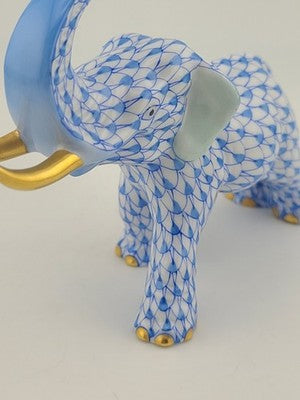 Herend Blue Fishnet Charging Elephant Figurine VHB Artist Signed Vecsey Tamas