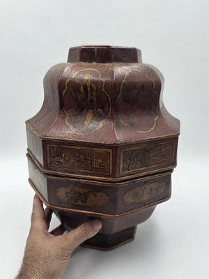 Early 19th C Chinese Qing Dynasty Red Lacquer Wedding Gift Basket Gilt Figures
