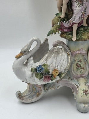 Rare Antique German Dresden Porcelain Figural Lamp Lady Cherub Swans 29"