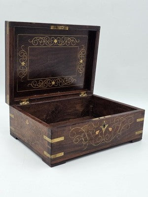 RARE ANTIQUE 19th C COLONIAL ROSEWOOD & FULL BRASS INLAY JEWELRY BOX.