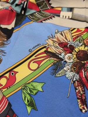 Rare Hermes Kachinas Scarf 90cm Silk Twill Hopi Design Blue Multicolor W Box.