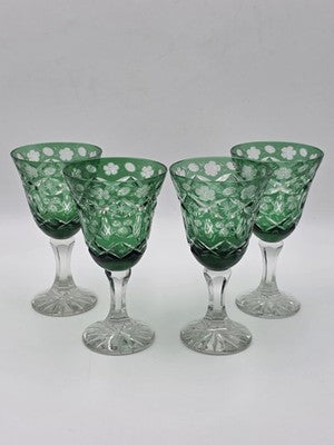 Set Of 4 Vintage Bohemian Czech Emerald Green Cut Crystal Wine Goblets. 7.75".