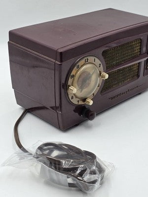 Vintage 1950s Westinghouse H-355T5 Tube Radio Telechron Alarm Clock Maroon. Read