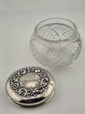 Antique Watson Sterling Silver Floral Lid Cut Crystal Vanity Jar C1900 Fine 925