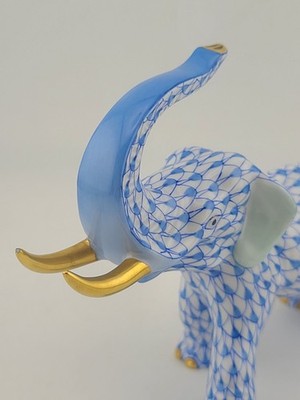 Herend Blue Fishnet Charging Elephant Figurine VHB Artist Signed Vecsey Tamas