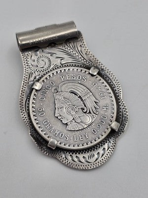 Rare OOAK Sterling Silver Money Clip w 1948 Mexico 5 Pesos Cuauhtemoc Coin 59.4g
