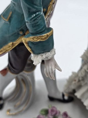 Vintage German Dresden Lace Porcelain Courting Couple Figurine Hand Painted 7.5"