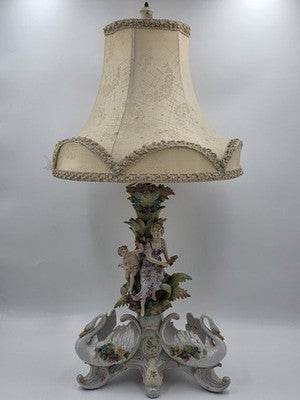 Rare Antique German Dresden Porcelain Figural Lamp Lady Cherub Swans 29"