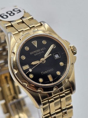 Vintage Raymond Weil Flamenco 5370 Swiss Quartz Black Dial Gold Tone Watch Works
