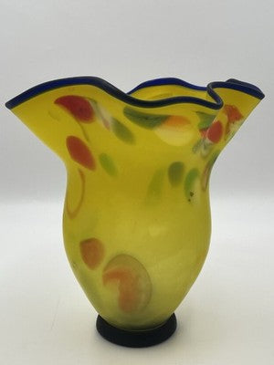Azerbaijan Glassware Hand Blown Frosted Art Glass Vase Multicolor Wavy Rim Decor